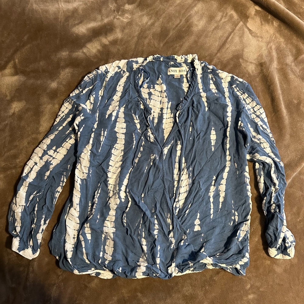 Knox Rose Blue and White Tie Dye Faux Wrap Long Sleeve Blouse